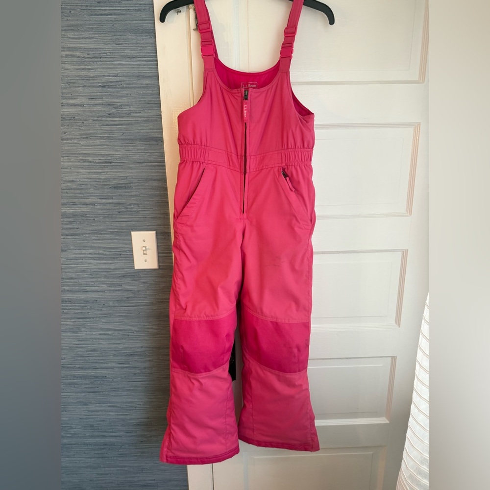 LL Bean Girls Pink Ski Bib Snow Pants Waterproof Size 10 Reinforced Knees